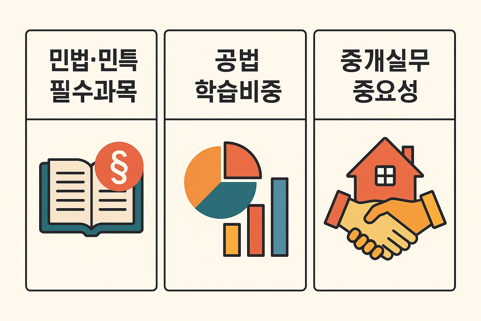 민법&middot;민특 필수과목 우선학습, 공법 학습비중 분석, 중개실무 중요성을 한눈에 볼 수 있는 2025년 공인중개사 시험과목 우선순위 안내 인포그래픽