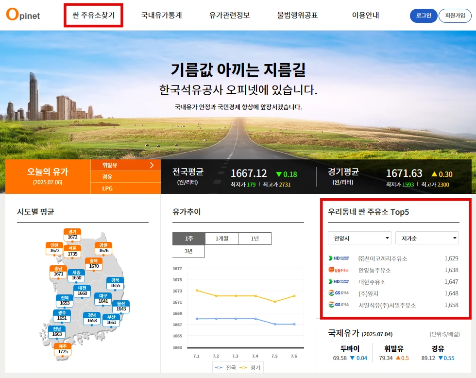 24시간 주변 고급휘발유 싼 주유소 찾기 오피넷 홈페이지