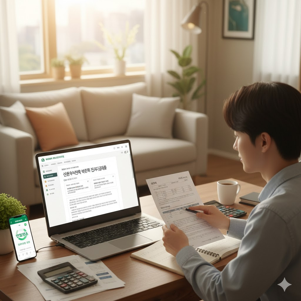 한 남성이 거실 테이블에 앉아 노트북으로 '신혼부부전용 버팀목 전세자금대출' 관련 정보를 확인하고 있는 모습