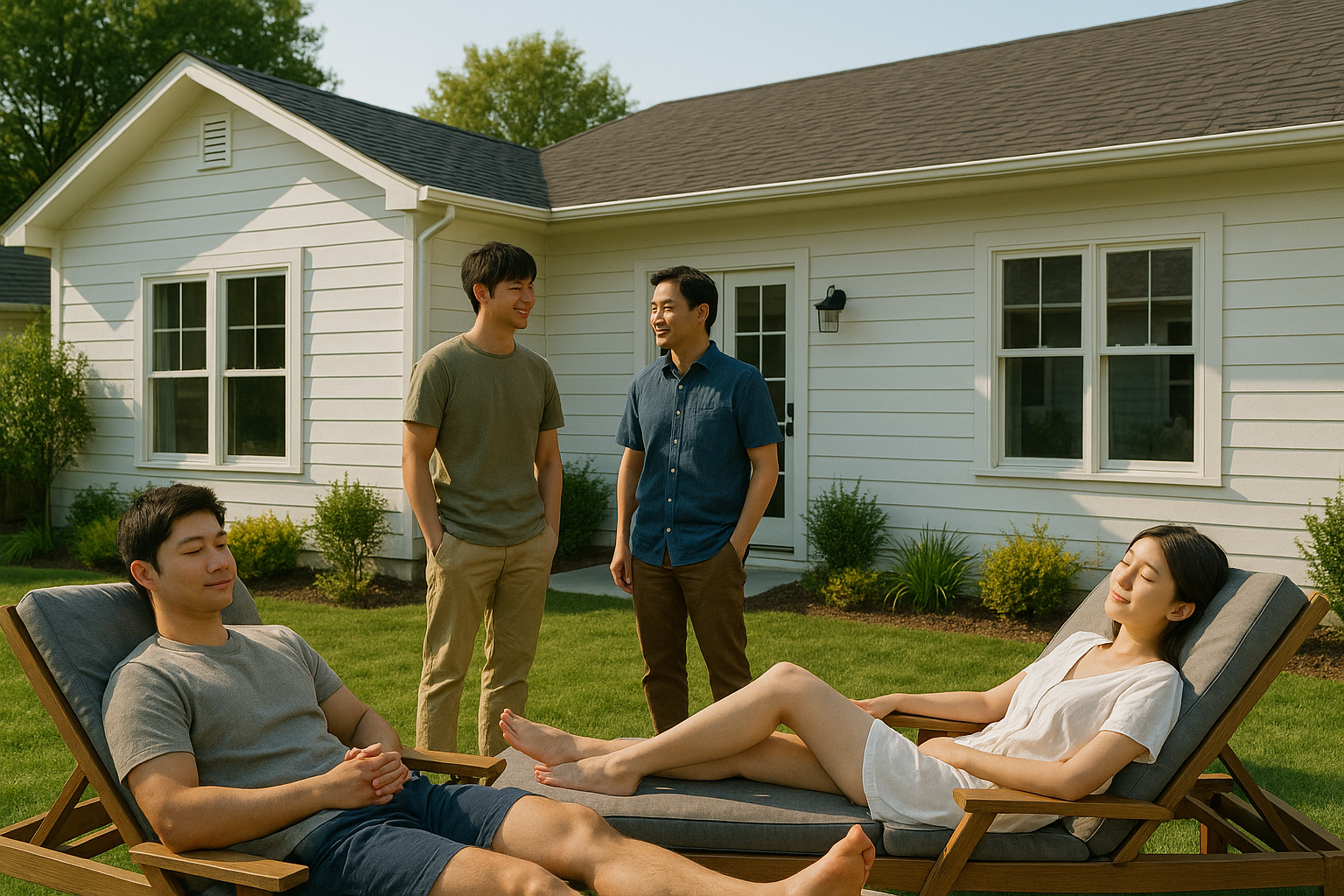 남자 2명은 서있고 남자1명,여자1명은 선베드에 누워있는 모습