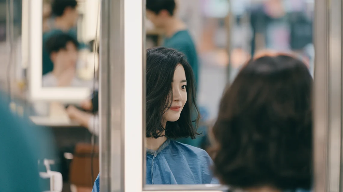 미용실 거울 앞에서 디자이너와 짧게 대화하는 손님