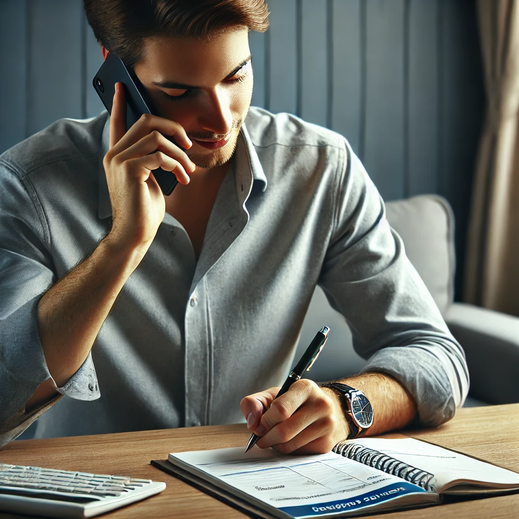 고객센터에 전화로 고속열차 티켓을 예약하는 모습