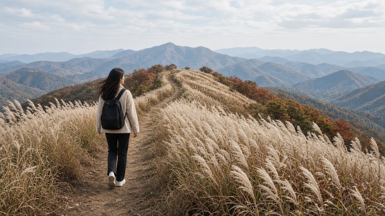 은빛 억새 능선 산책로를 걷는 20대 한국인 여성