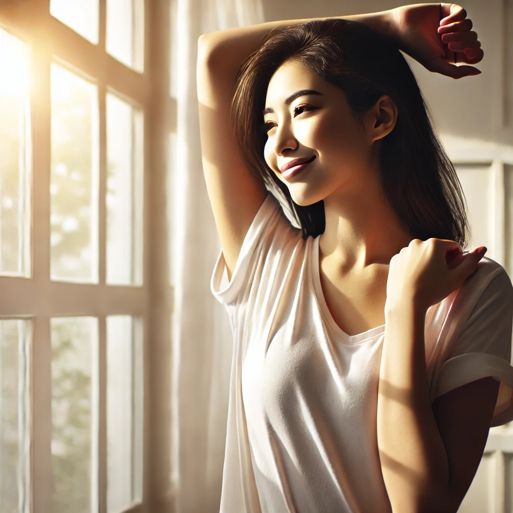 아침 햇살 아래 창가에서 스트레칭하며 미소 짓는 여성의 모습. 감정 회복과 다이어트 회복력을 상징하는 편안하고 균형 잡힌 장면