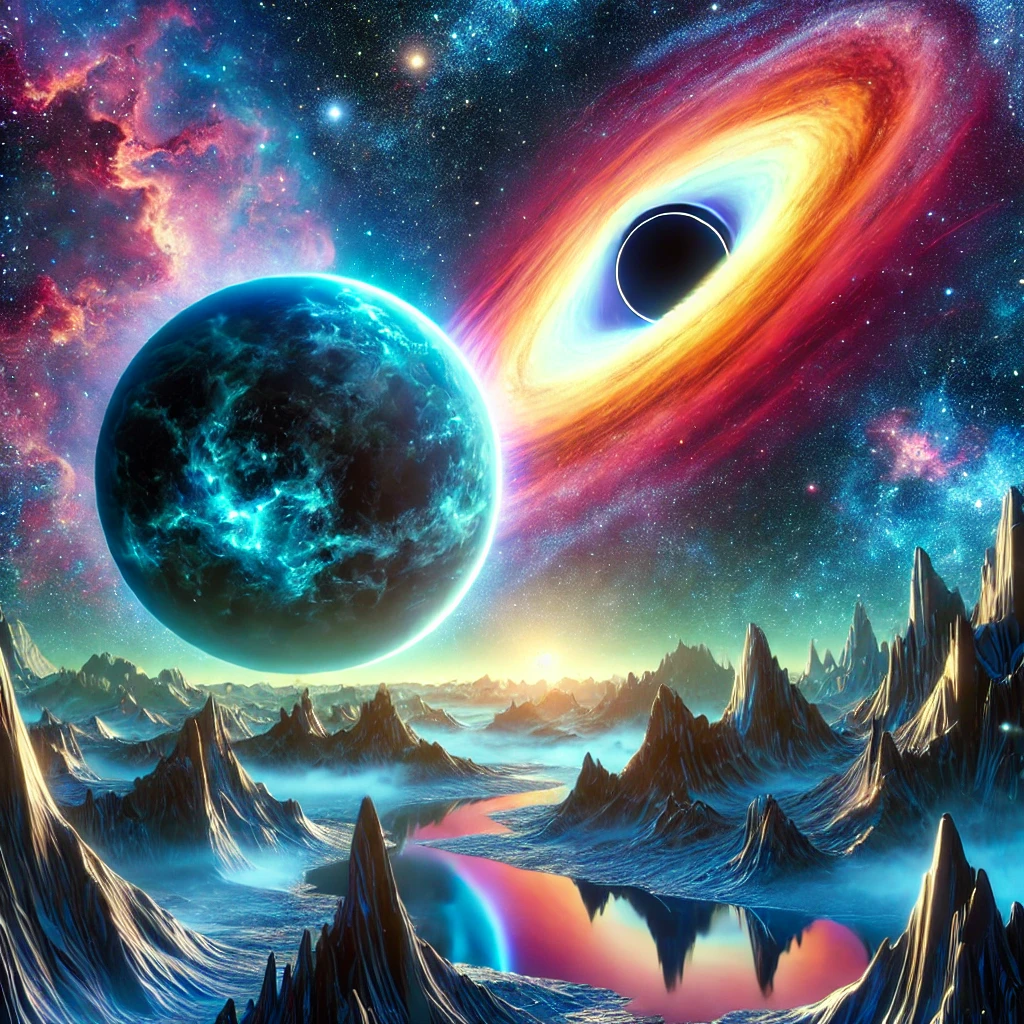 우주 행성과 블랙홀을 나타내는 이미지