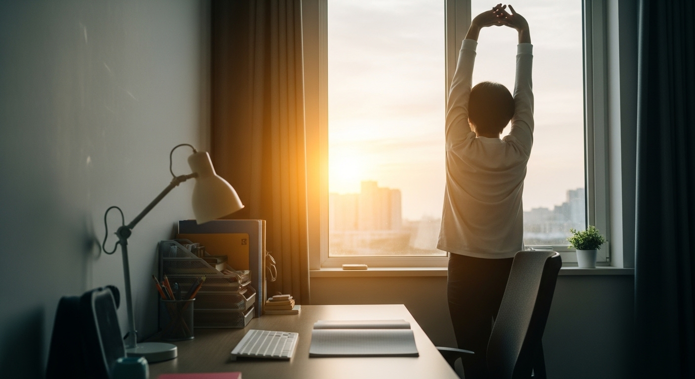 창가에서 해를 맞으며 스트레칭하는 사람과 정돈된 공부 책상. 상쾌하고 생산적인 아침 공부의 시작을 나타낸다.