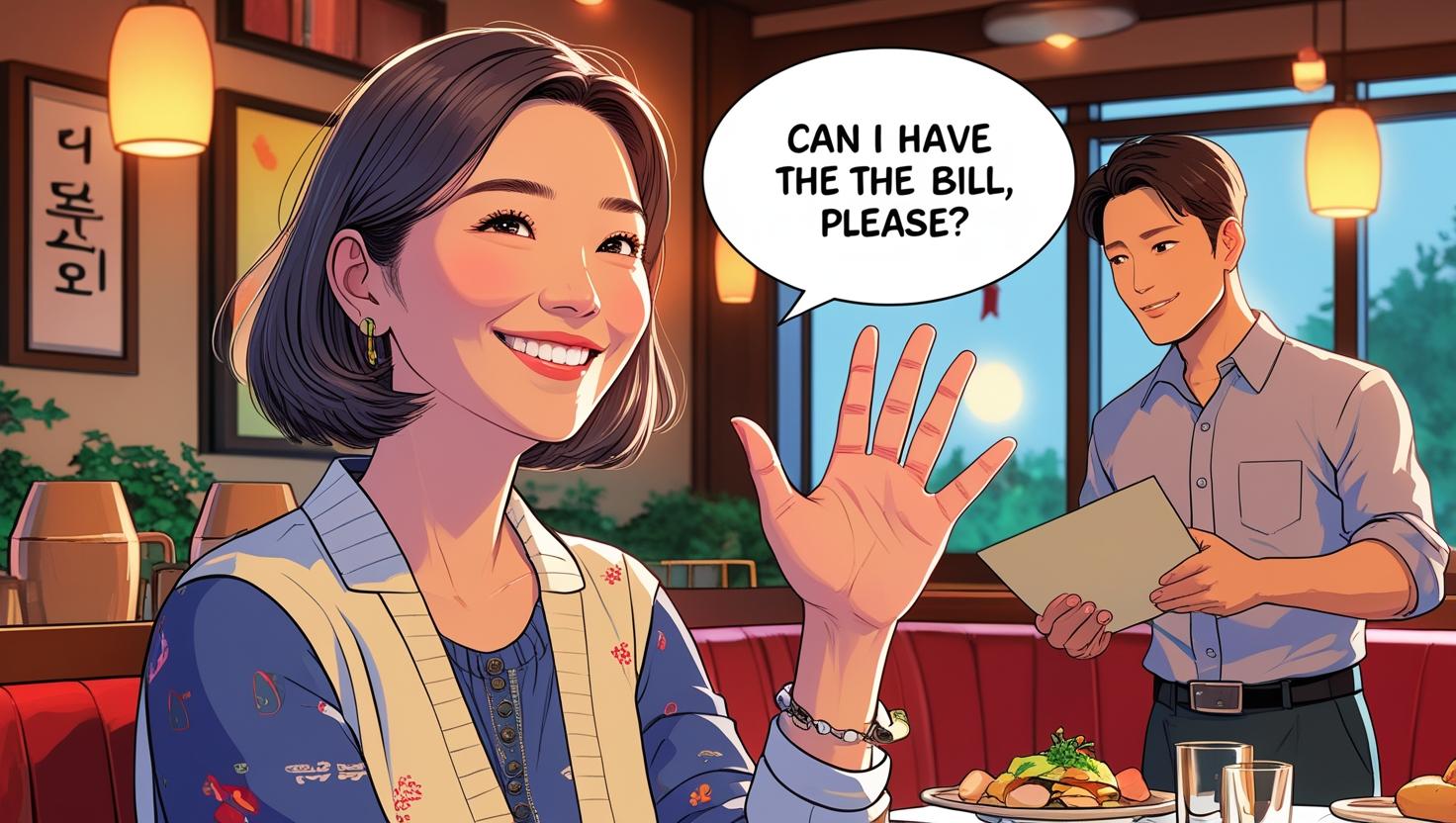 해외여행 식당에서 계산서를 요청하는 중년 한국 여성 – "Can I have the bill, please?"