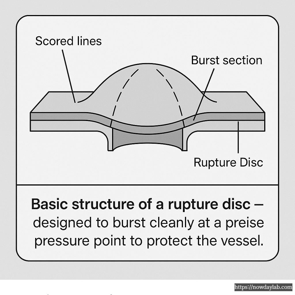 Diagram showing a rupture disc installed upstream of a safety valve in a pressure vessel system.