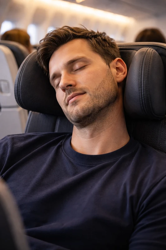 이코노미 클래스 좌석에서 조절식 헤드레스트의 접힌 날개 부분에 머리를 기대고 편안하게 잠든 30대 남성 승객의 클로즈업 장면으로, 목베개 없이도 머리와 목을 안정적으로 지지해주는 좌석 구조가 강조된 사진.