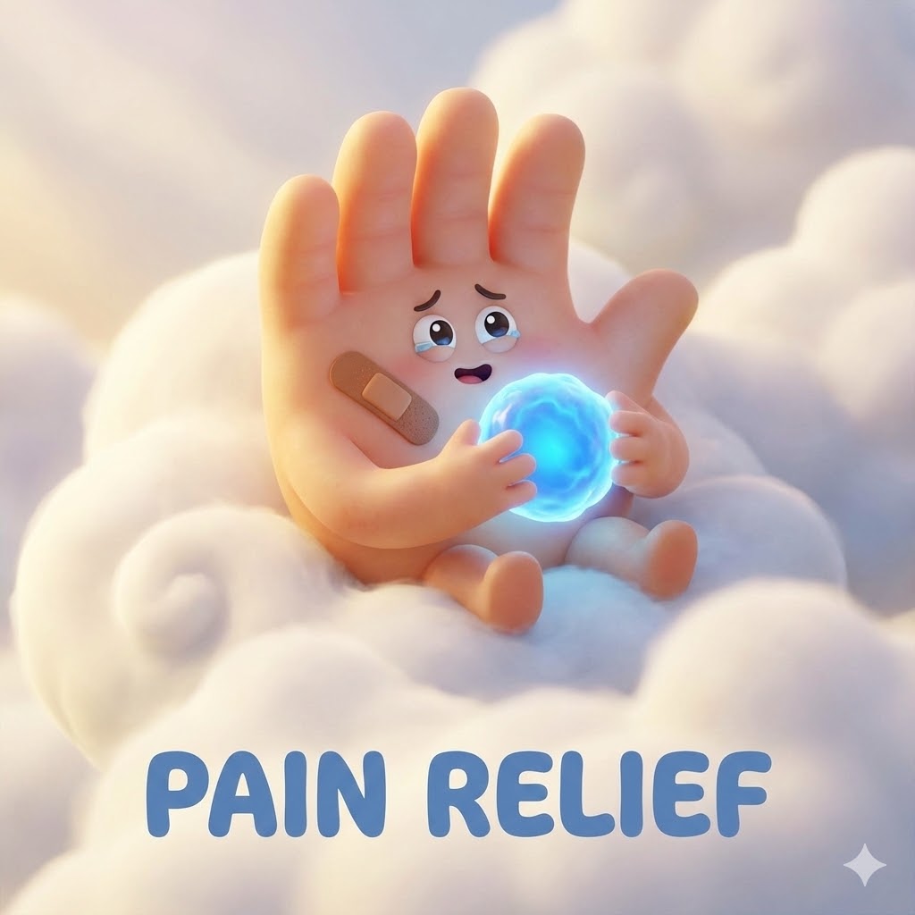 반창고를 붙인 귀여운 손 캐릭터가 손바닥 통증 완화를 희망하는 모습의 3D 카툰 일러스트.