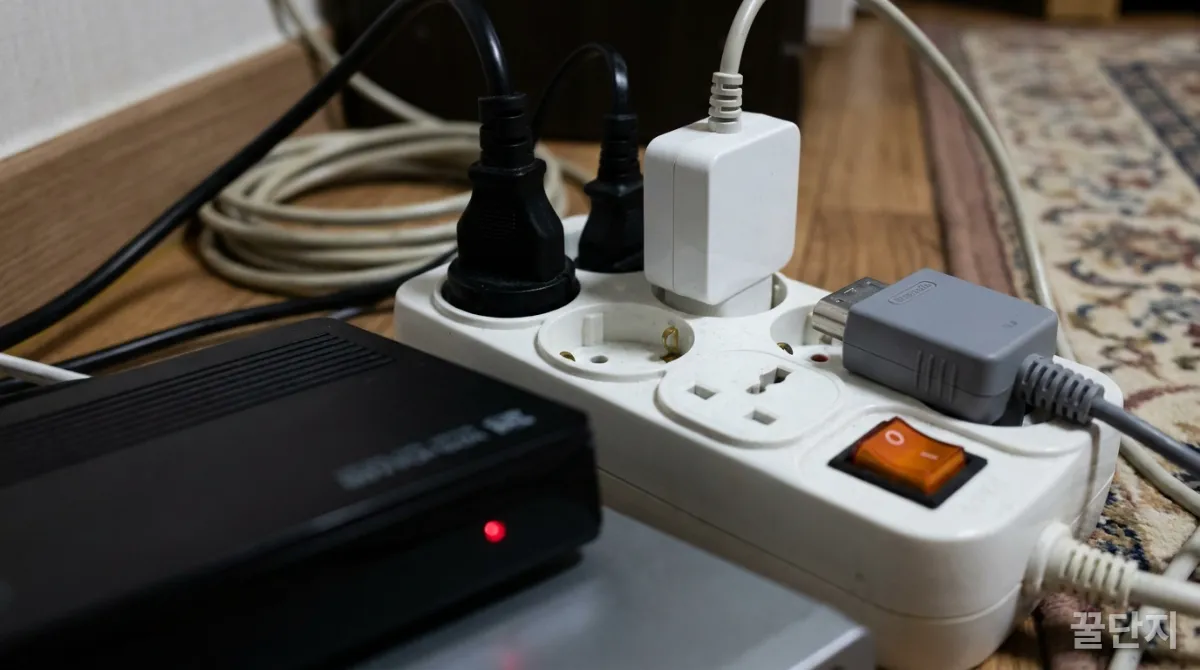 대기전력을 소모하는 가전제품들이 연결된 멀티탭 클로즈업