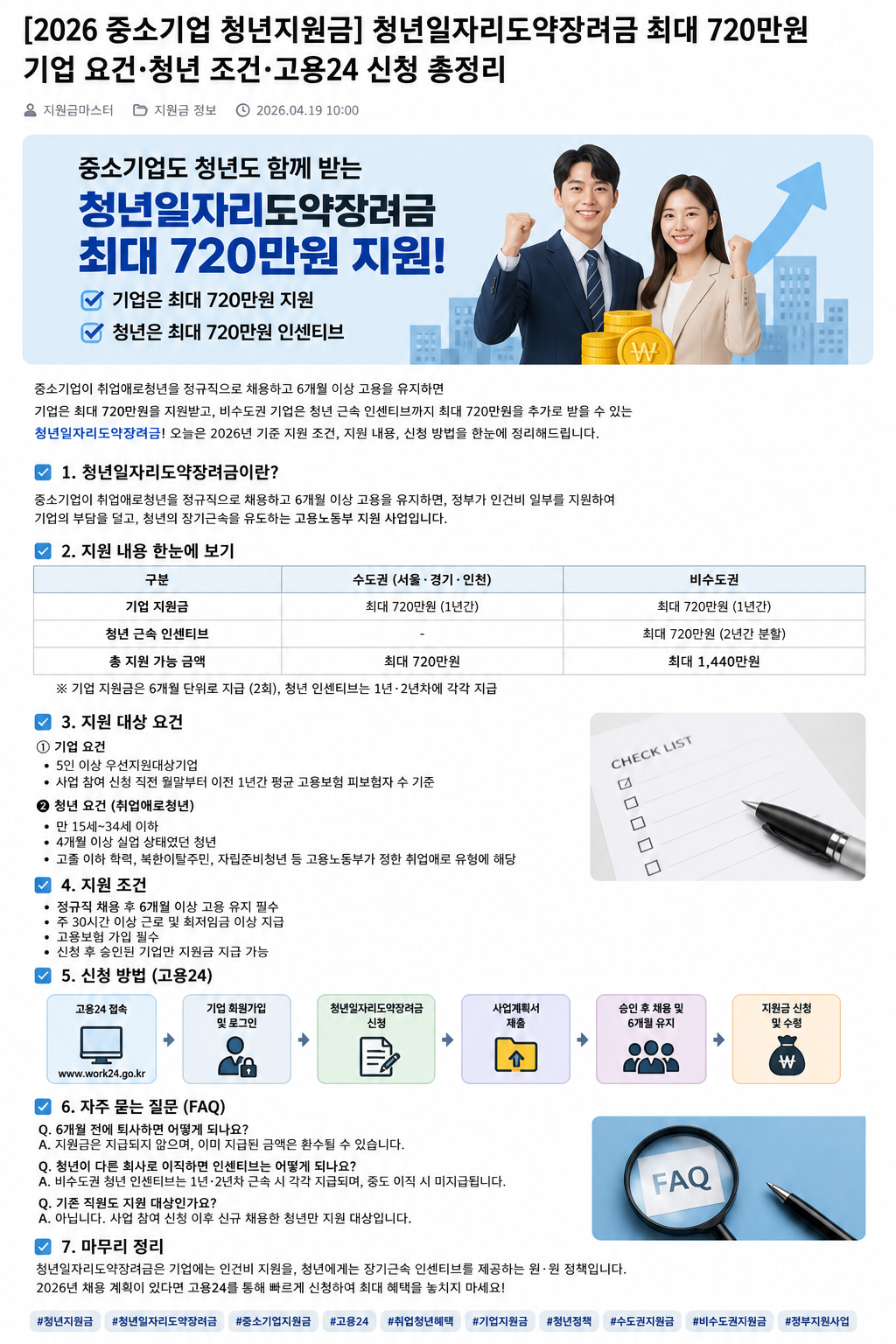 2026 청년지원금 총정리｜청년일자리도약장려금 최대 720만원 조건&middot;신청방법