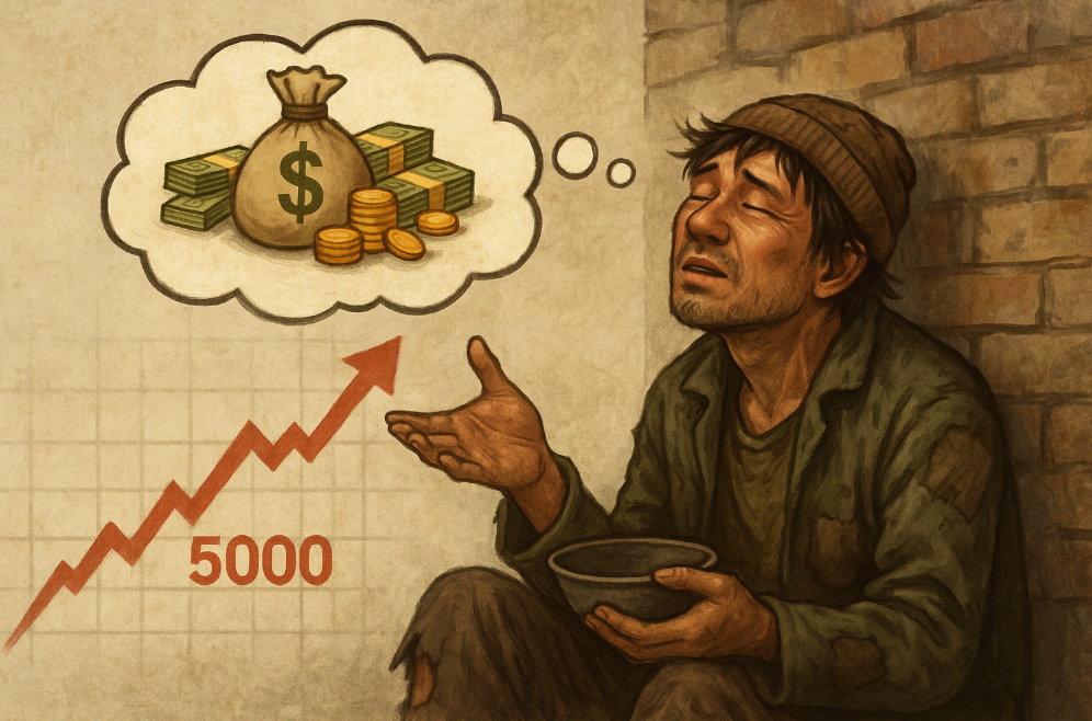 코스피 5000은 자신을 부자로 만들어 줄거라 망상하는 빈민 이미지