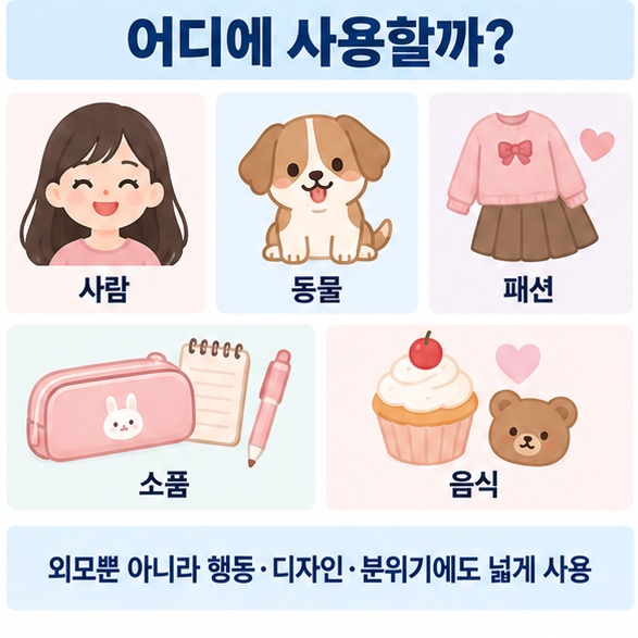 사람 동물 패션 소품 음식에서 카와이를 사용하는 상황을 설명한 인포그래픽