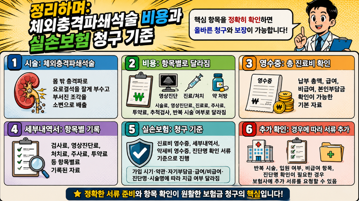 체외충격파쇄석술 비용과 실손보험 청구 기준을 시술, 비용, 영수증, 세부내역서, 보험 서류, 추가 확인 항목으로 요약한 옛날 만화 형식 정리 인포그래픽