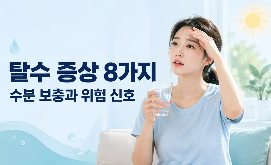 물잔을 들고 어지러움을 느끼는 여성과 탈수 증상 8가지