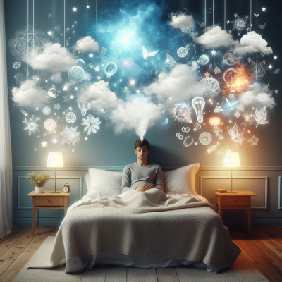 꿈을 꾸는 동안 다양한 상징적인 이미지들이 떠오르는 장면입니다.