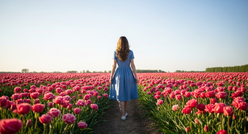 봄날 오후의 꽃밭을 거니는 소녀