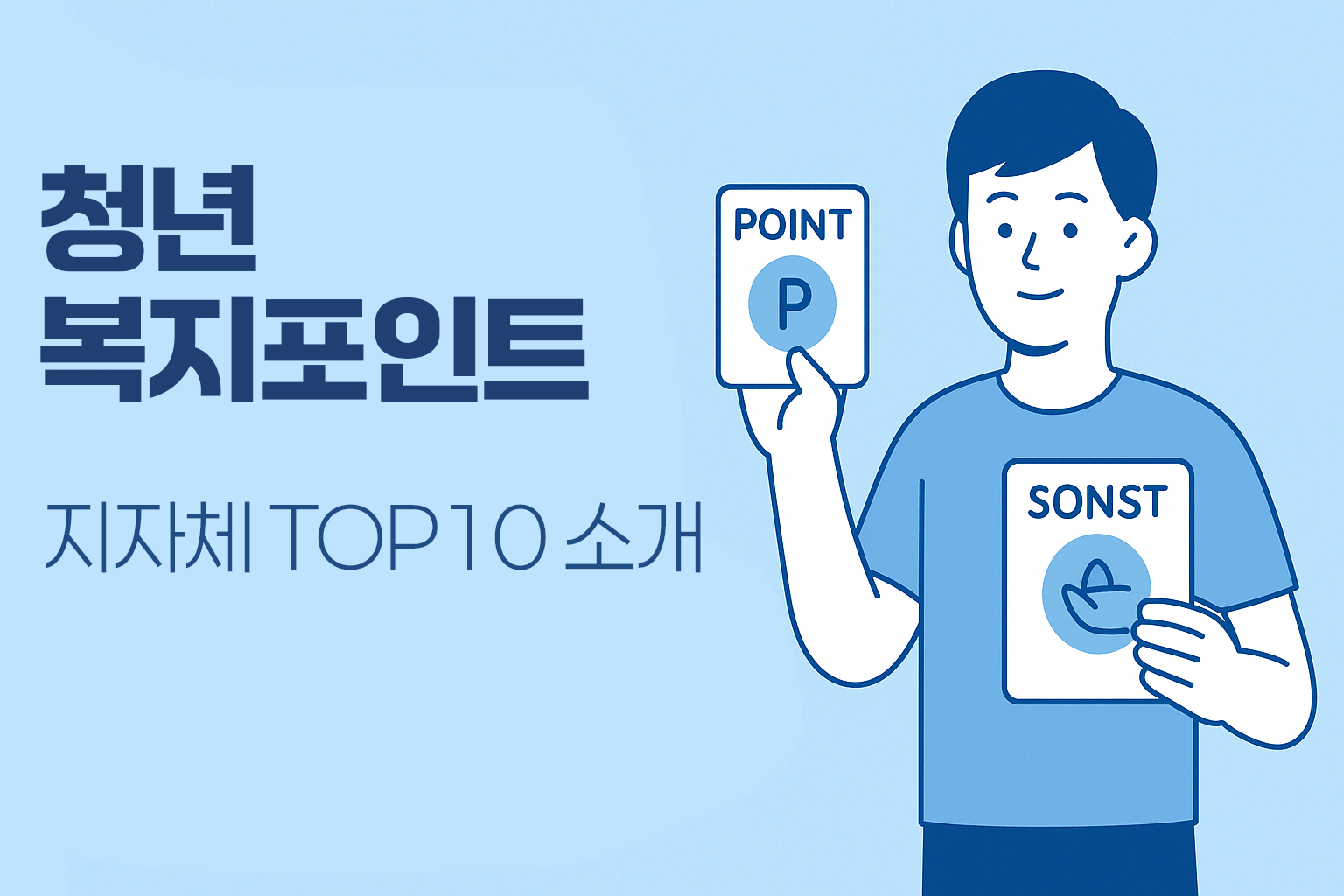 청년 복지포인트 제도 있는 지자체 TOP10 소개 - 연한 파란 배경 위에 왼쪽은 굵은 텍스트, 오른쪽은 'POINT' 카드와 복지 아이콘이 있는 패널을 들고 있는 청년 일러스트가 포함된 정보 이미지