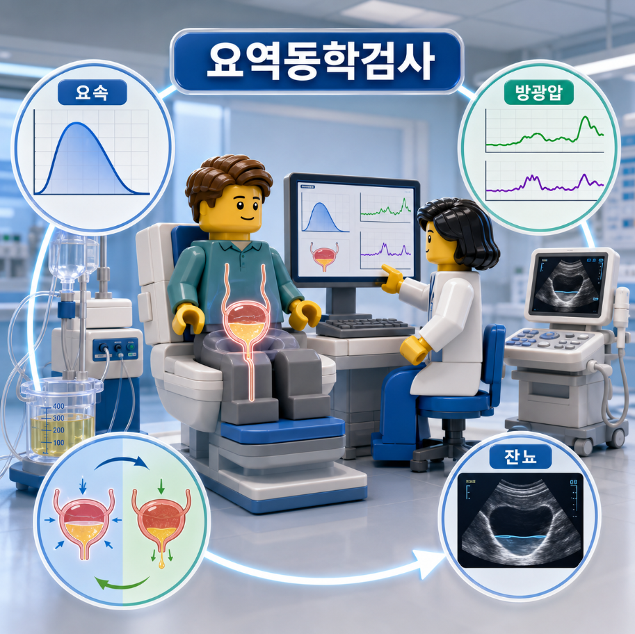 요역동학검사를 받는 환자와 요속·잔뇨·방광압 결과를 보여주는 의료 인포그래픽
