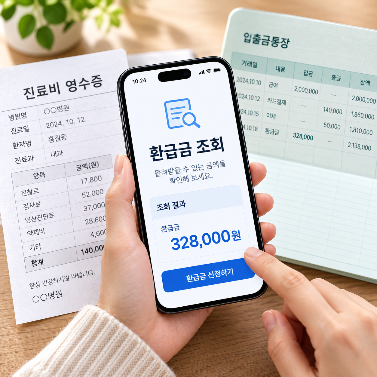 진료비 영수증과 통장 위에서 스마트폰으로 환급금 조회 화면을 확인하는 손