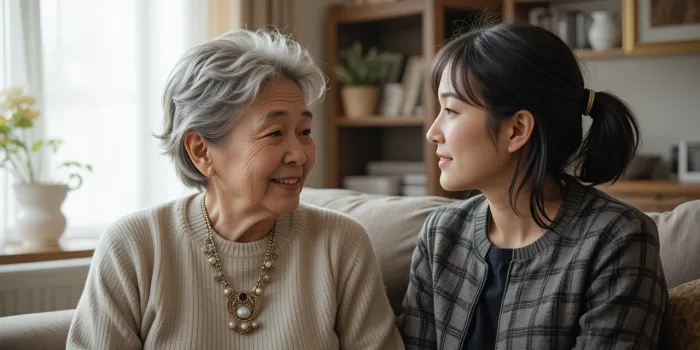 치매 증상을 보이는 어머니에게 다정히 말 거는 딸