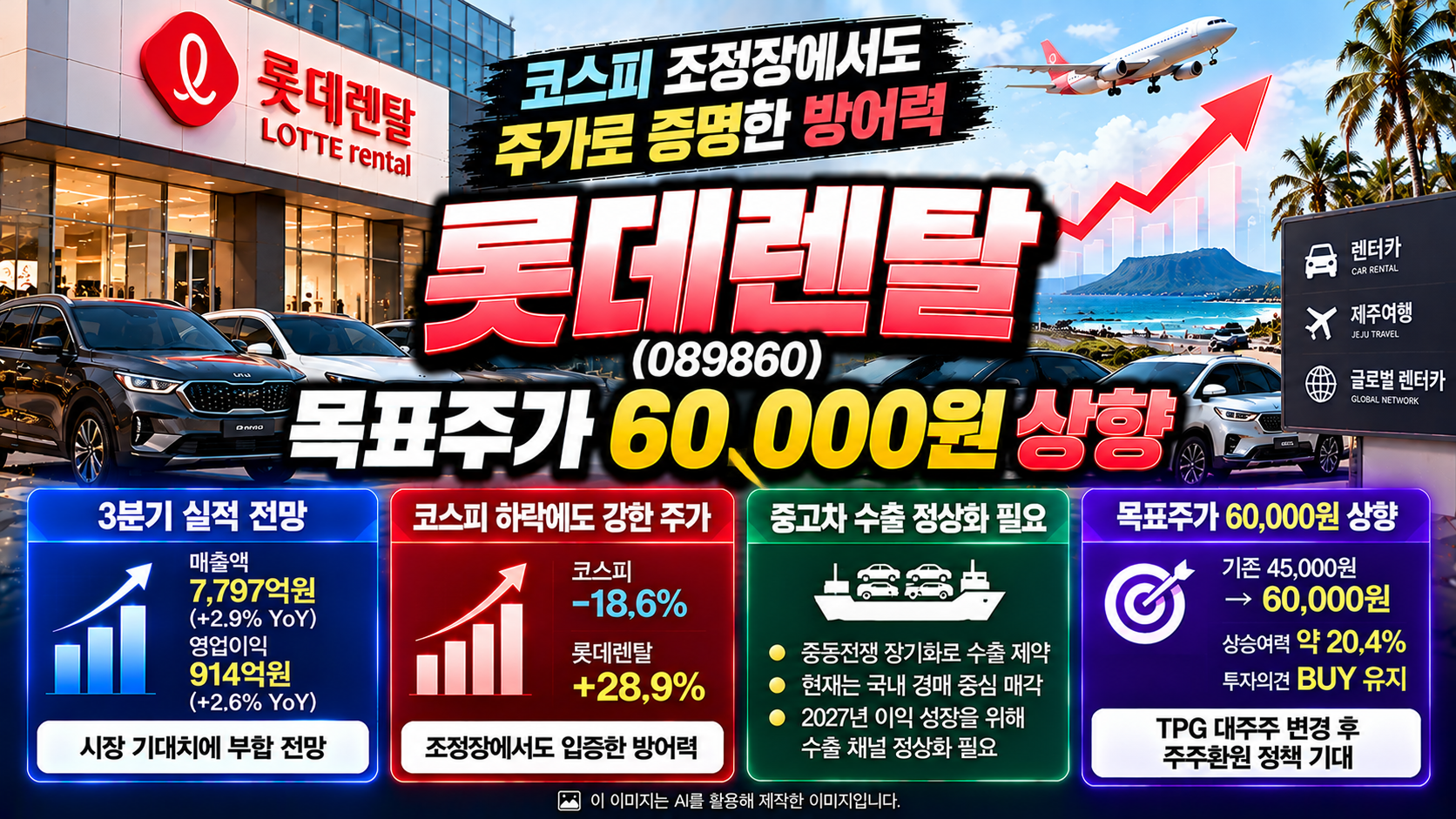 롯데렌탈(089860) 기업분석, 코스피 하락에도 강한 주가 흐름과 목표주가 60,000원 상향, 2026년 3분기 영업이익 914억원 전망, TPG 대주주 변경에 따른 주주환원 기대 및 중고차 수출 정상화 분석
