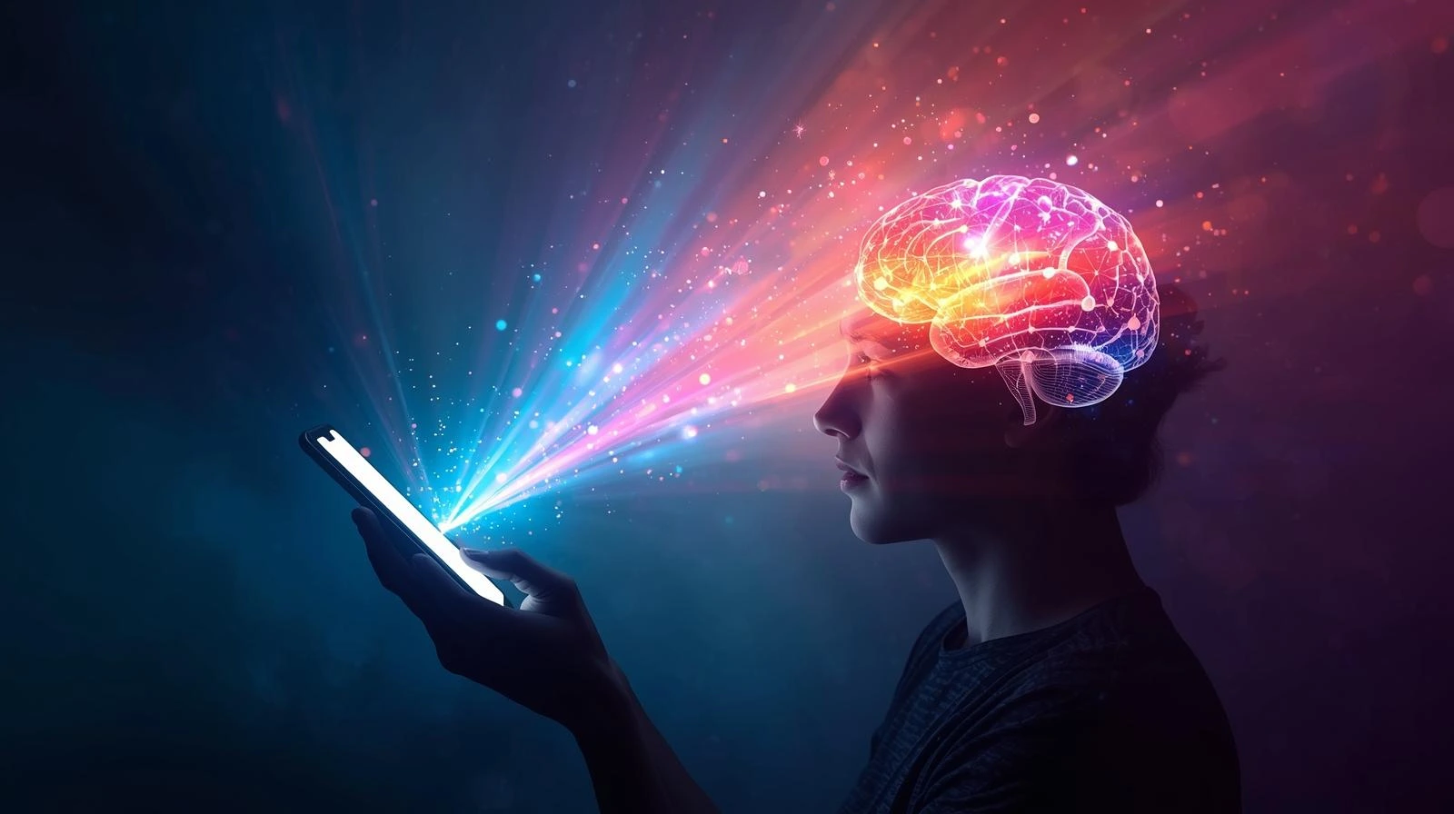 A person looking at a glowing smartphone in a dark room, colorful digital liquid or particles flowing from the screen into the person's head, surreal and cinematic lighting