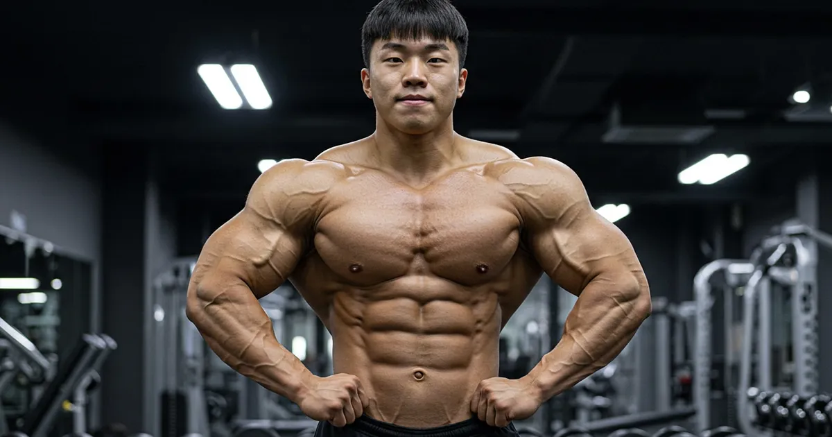 헬스장에서 상체 근육을 강조하며 정면을 바라보는 보디빌더의 자신감 있는 포즈