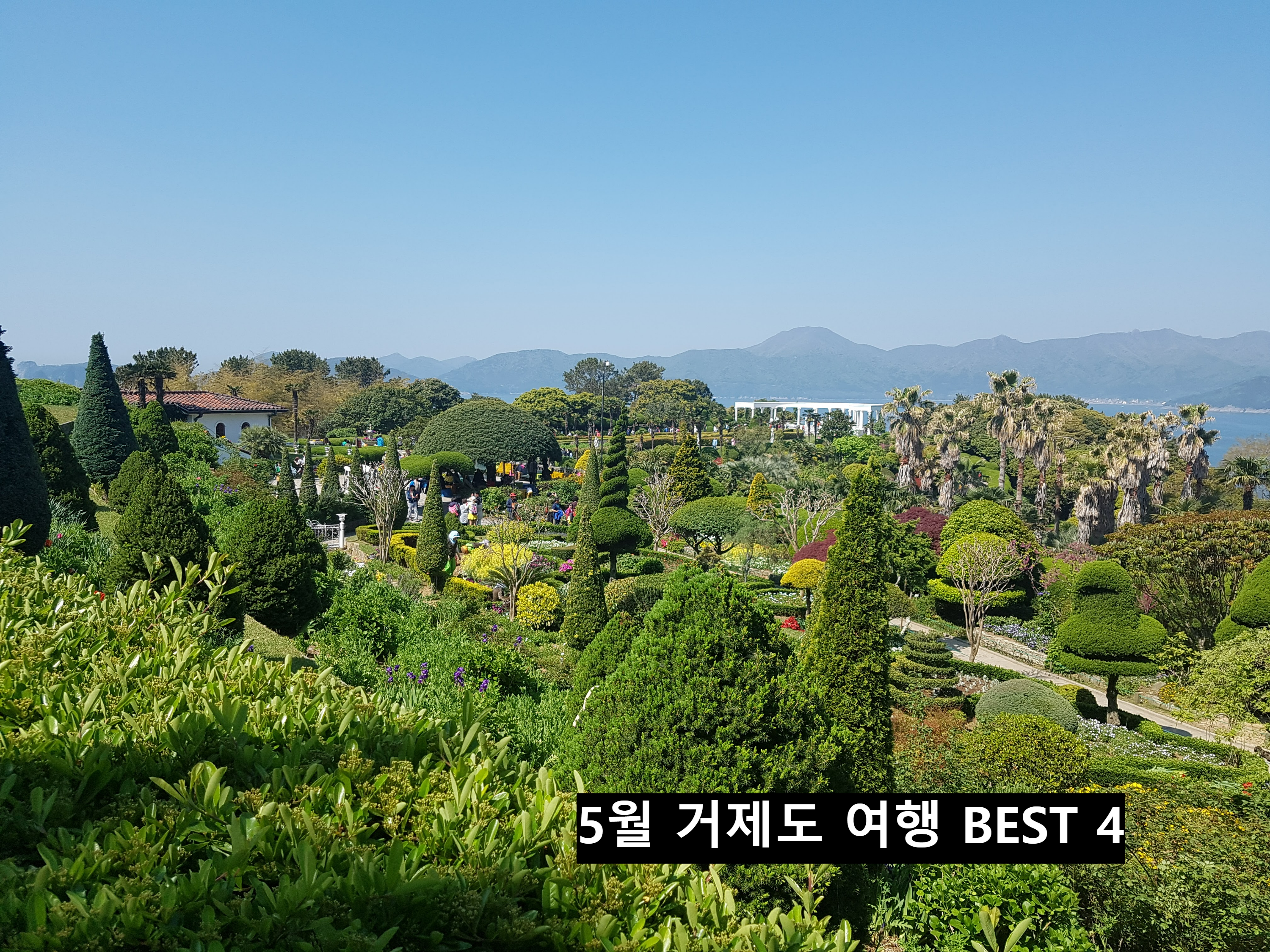 푸른 바다와 산을 배경으로 이국적인 나무들이 정교하게 가꾸어진 거제도 외도 보타니아의 아름다운 정원 전경