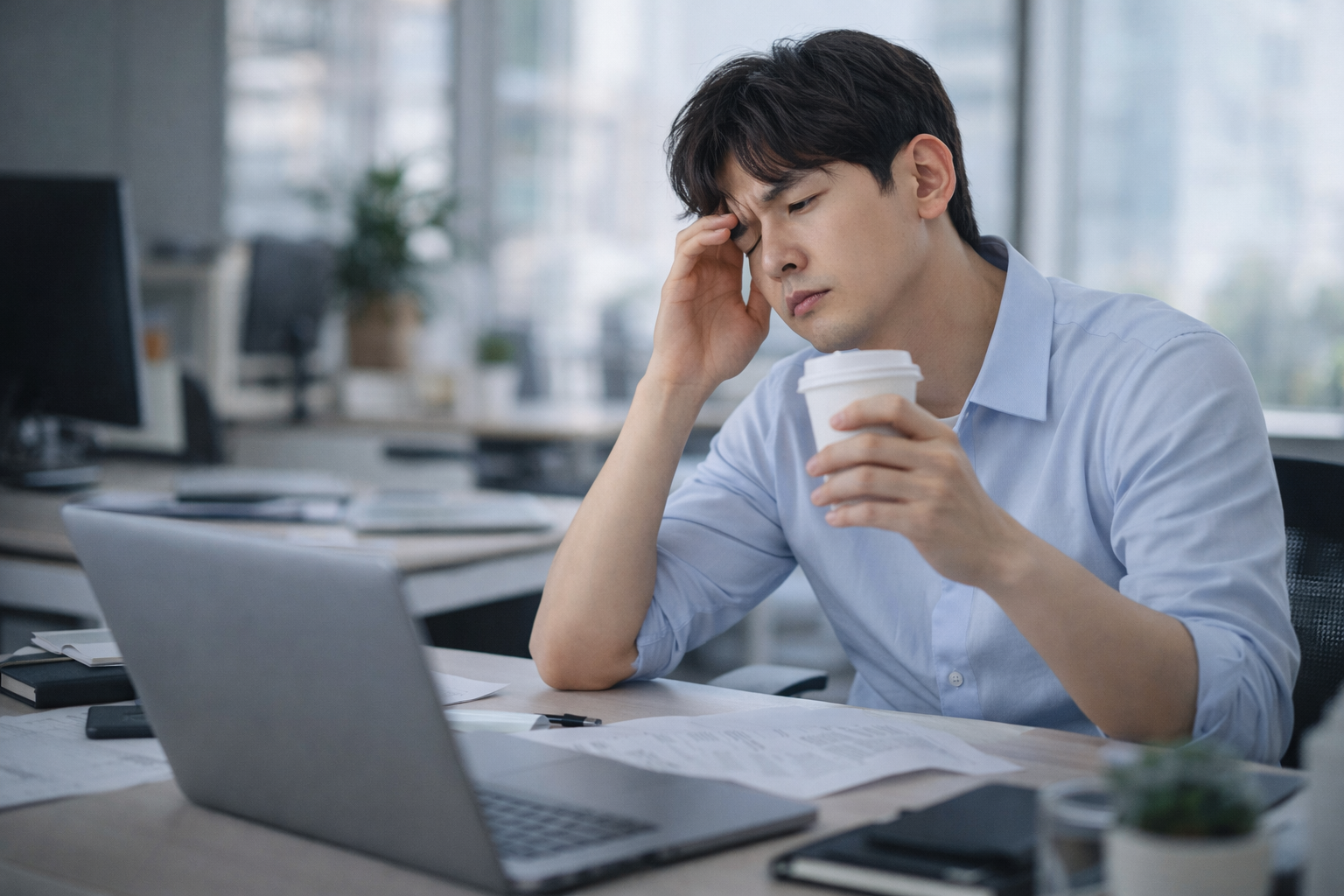 충분히 쉰 느낌 없이 낮 시간 업무 중 피로와 집중 저하를 느끼는 성인 남성의 모습