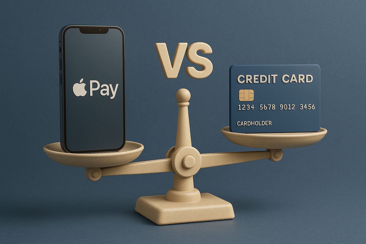 저울 위에 휴대폰과 신용카드가 놓여져 있고, 휴대폰 화면에는 애플 로고와 영어로 Pay가 보여짐.