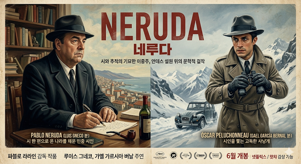 영화 네루다의 극적인 대립을 표현한 일러스트 포스터. 시 한 편으로 온 나라를 채운 민중 시인 파블로 네루다의 고뇌하는 모습과, 그를 쫓는 고독한 사냥개 비밀경찰 오스카 펠루초노의 날카로운 눈빛이 대비를 이룬다. 배경의 따뜻한 서재 풍경과 차가운 안데스 설원이 대조를 이루며 시인과 추적자의 기묘한 여정을 시각적으로 잘 보여주는 빈티지 톤의 포스터이다.