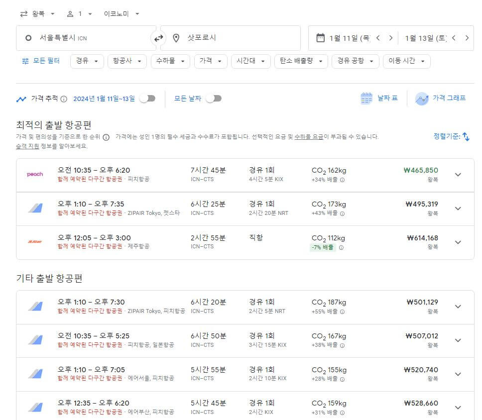 구글플라이트 항공권 검색결과