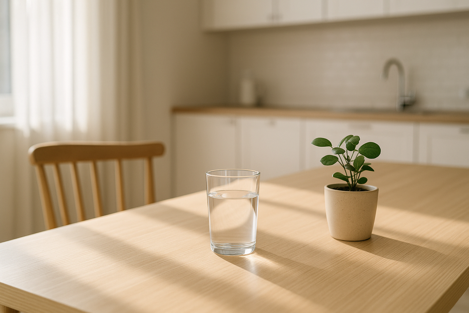 아침 햇살이 비추는 식탁 위 투명한 유리컵에 담긴 물