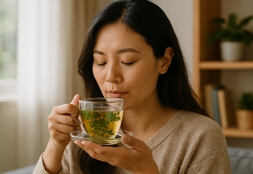 허브차의 건강 효능을 시각적으로 표현한 장면으로,
한 여성이 따뜻한 자연광이 들어오는 공간에서 허브차를 음미하는 순간을 담은 사진.