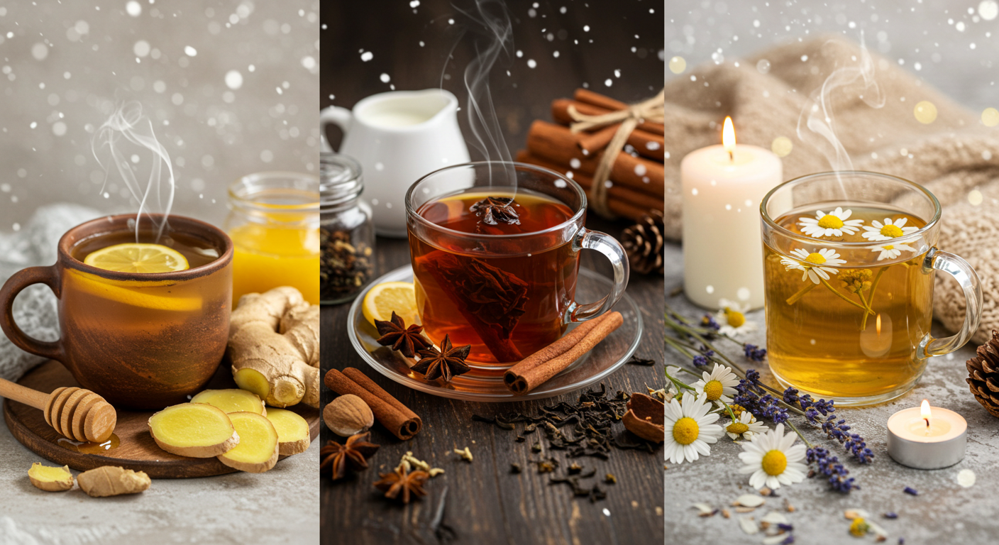 겨울, 건강을 지키는 세 종류의 차를 설명하는 사진