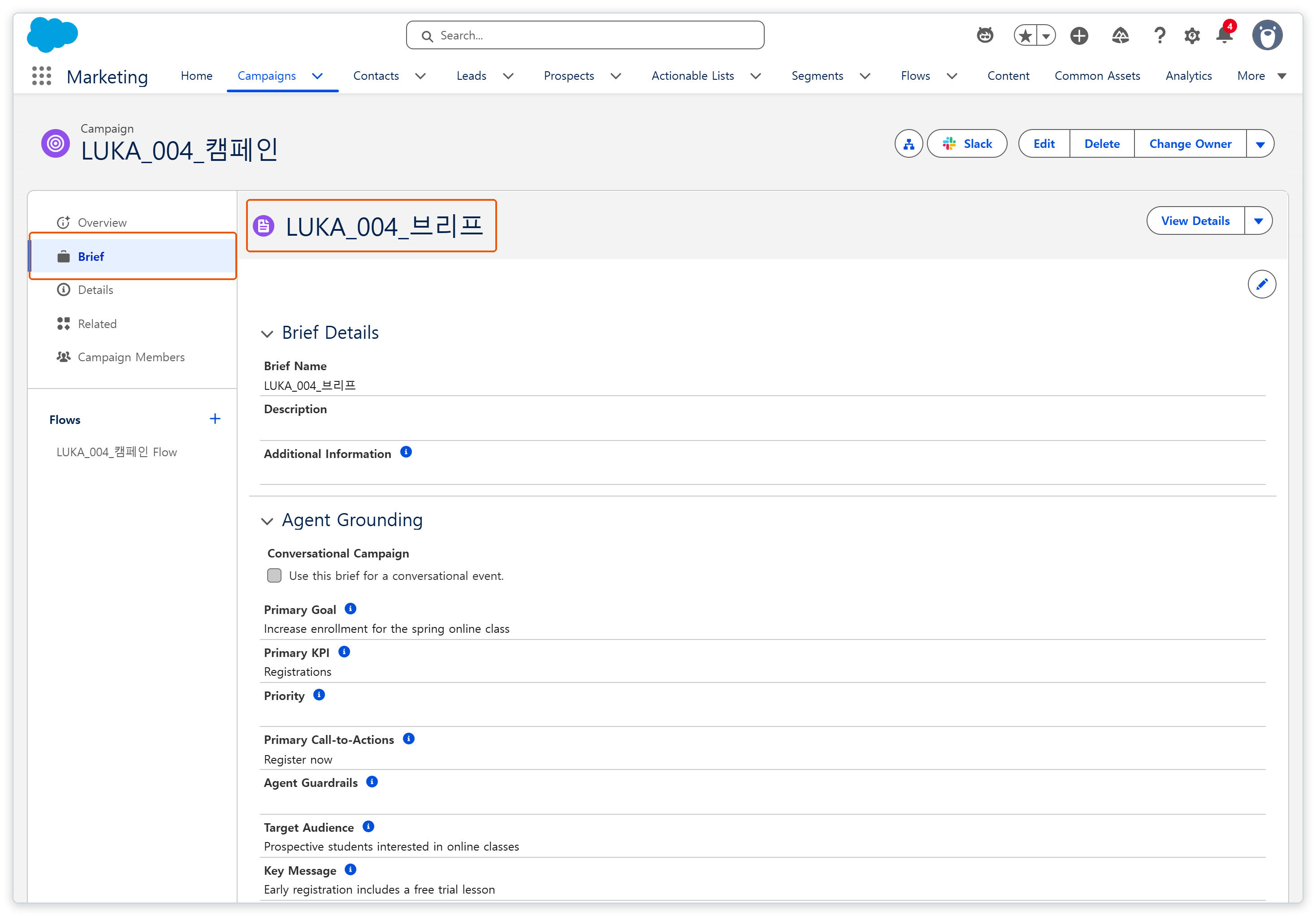 캠페인 화면의 Brief 메뉴. 연결된 브리프의 항목이 보인다