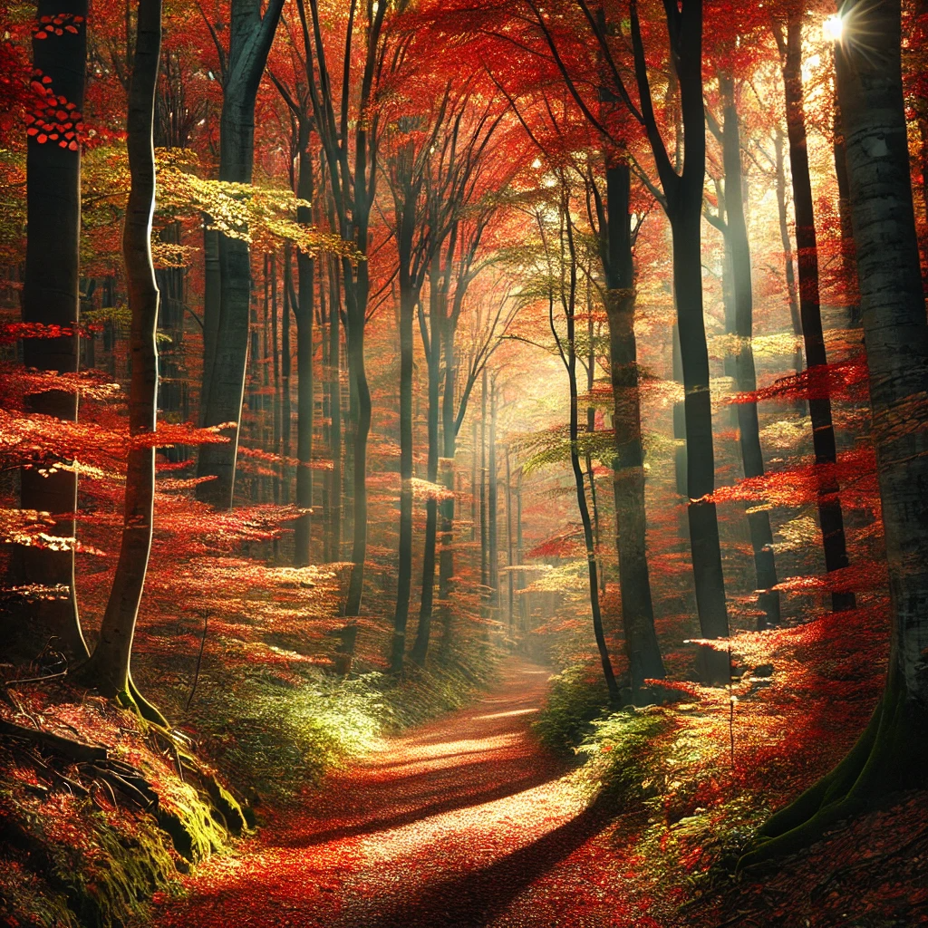 단풍이 물든 숲 속에 이어진 고요한 오솔길