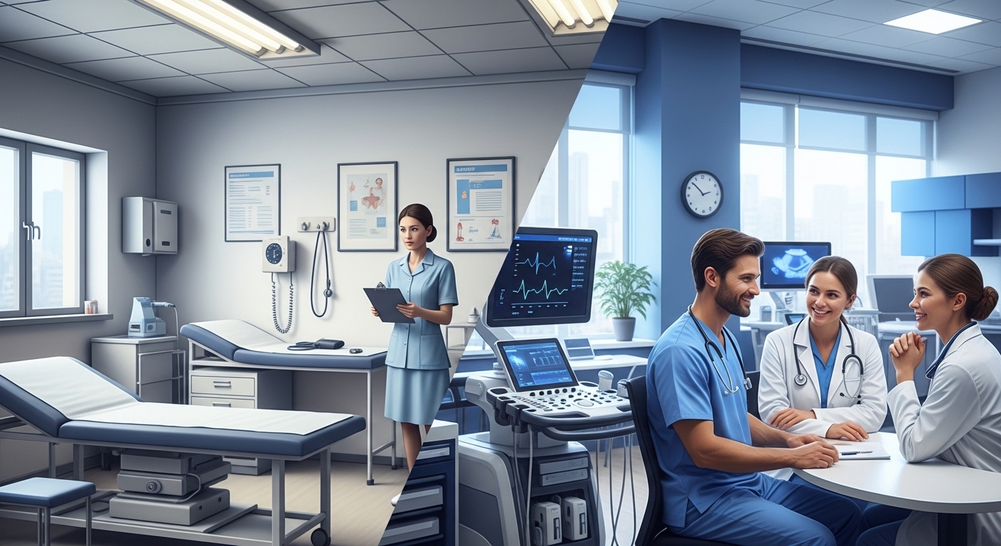 최신 장비를 갖춘 전문 의료기관과 일반적인 검진 센터를 비교하는 이미지. 병원 선택의 중요성을 나타낸다.