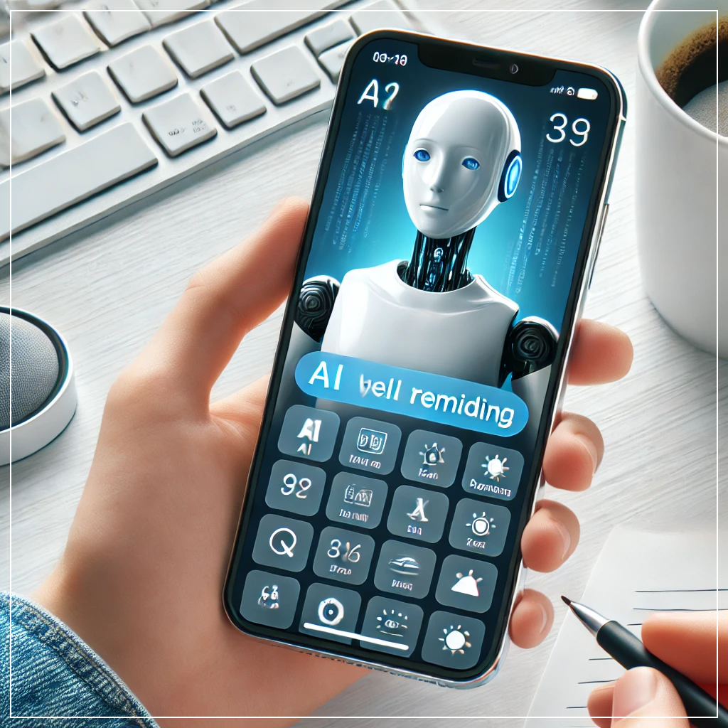 스마트폰 화면에 일상 작업을 돕는 AI 비서가 표시된 모습으로, 사용자와 상호 작용하며 일정과 알림을 관리