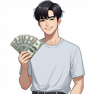 돈을 들고 웃는 남성