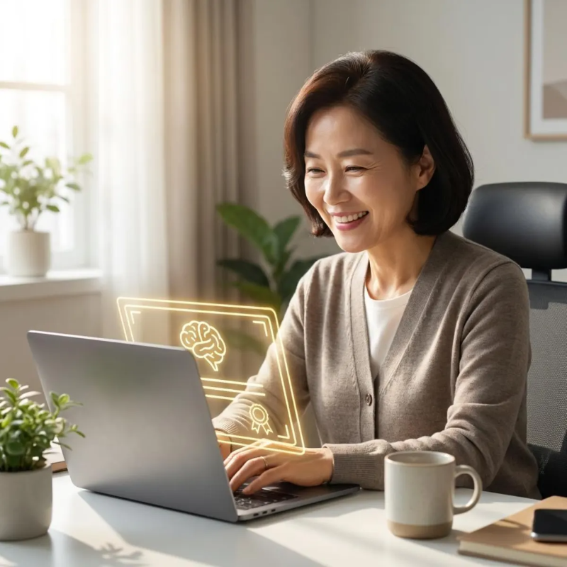 50대 비전공자 챗GPT 자격증 독학 합격 상징 이미지