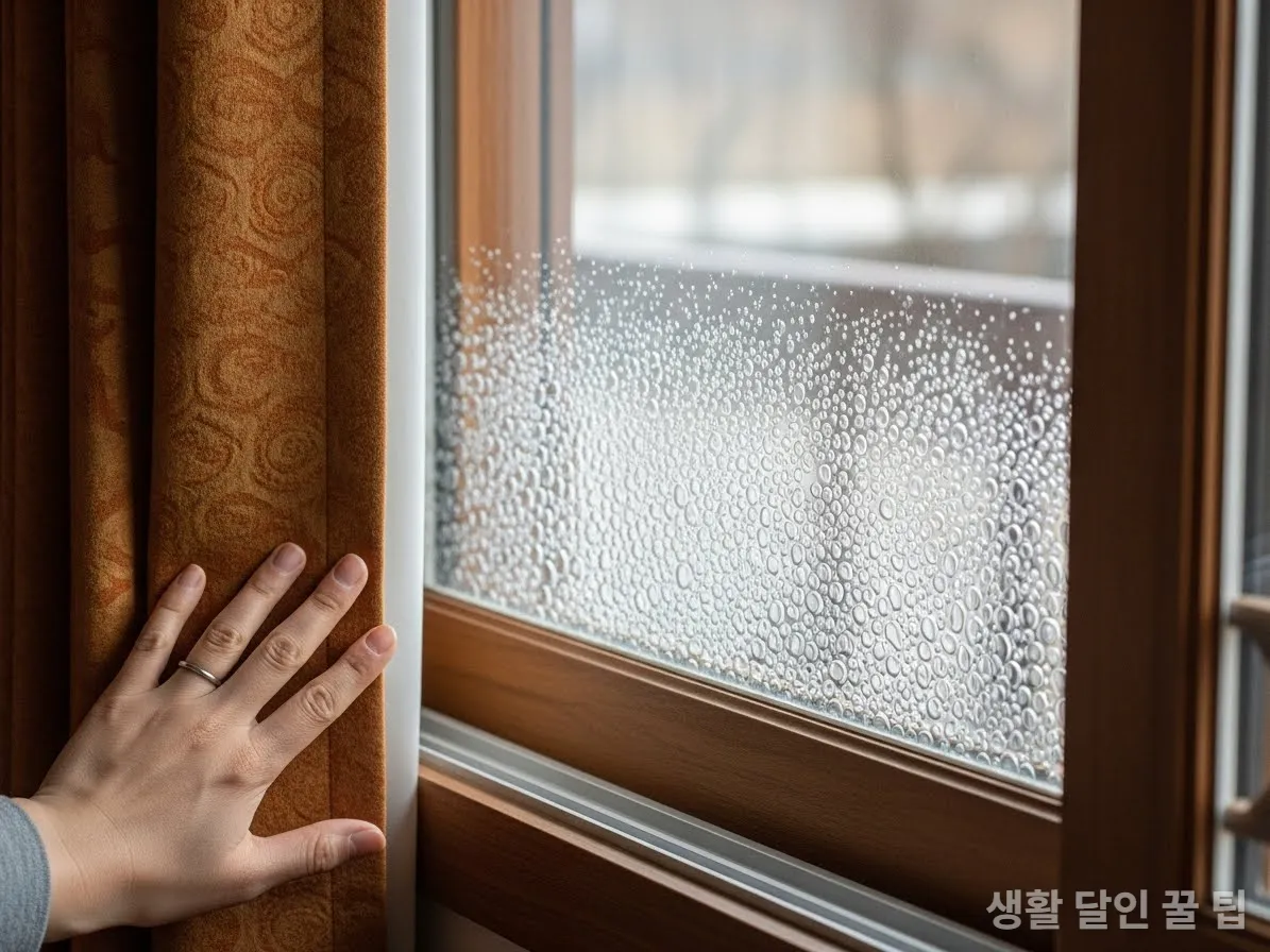 창문에 부착된 뽁뽁이와 두꺼운 커튼으로 단열된 한국 가정집 창문