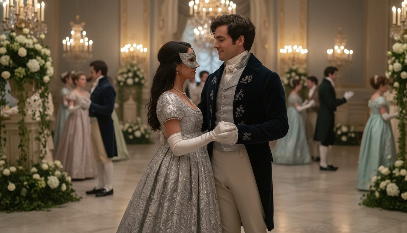 화려한 무도회장에서 서로를 그윽하게 바라보며 춤추는 베네딕트 브리저튼과 은색 드레스를 입은 소피 베켓
