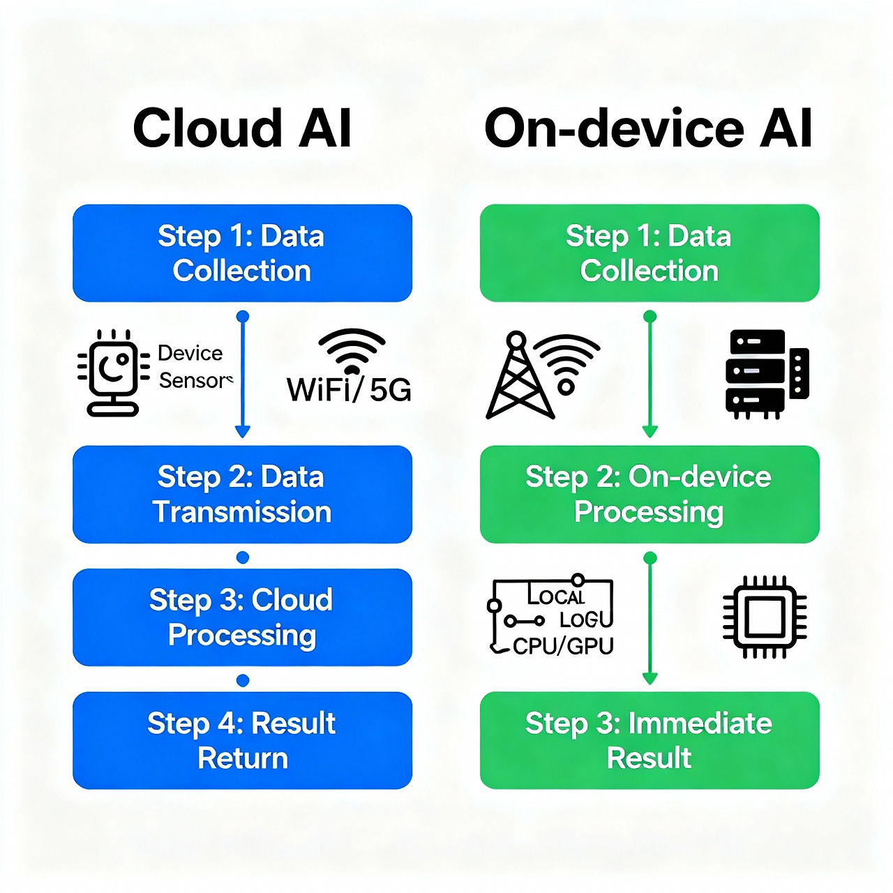 클라우드 AI와 온디바이스 AI 비교 다이어그램