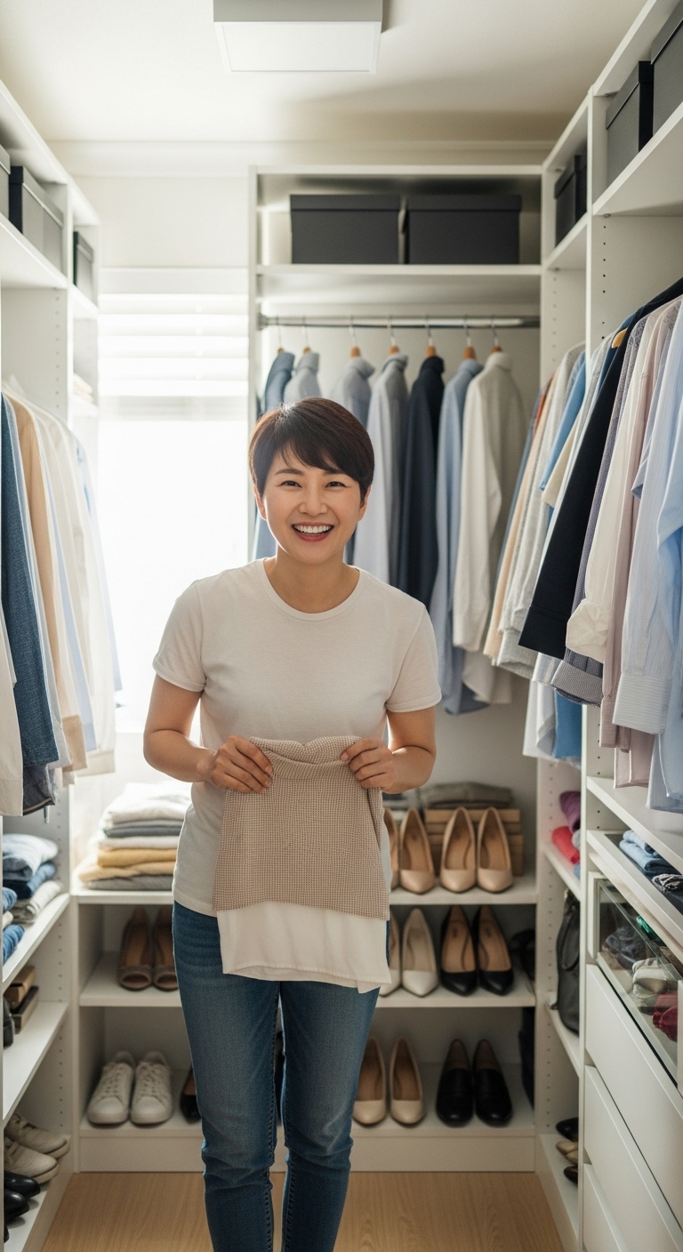 옷 정리를 끝내고 만족스러운 미소를 짓는 모습