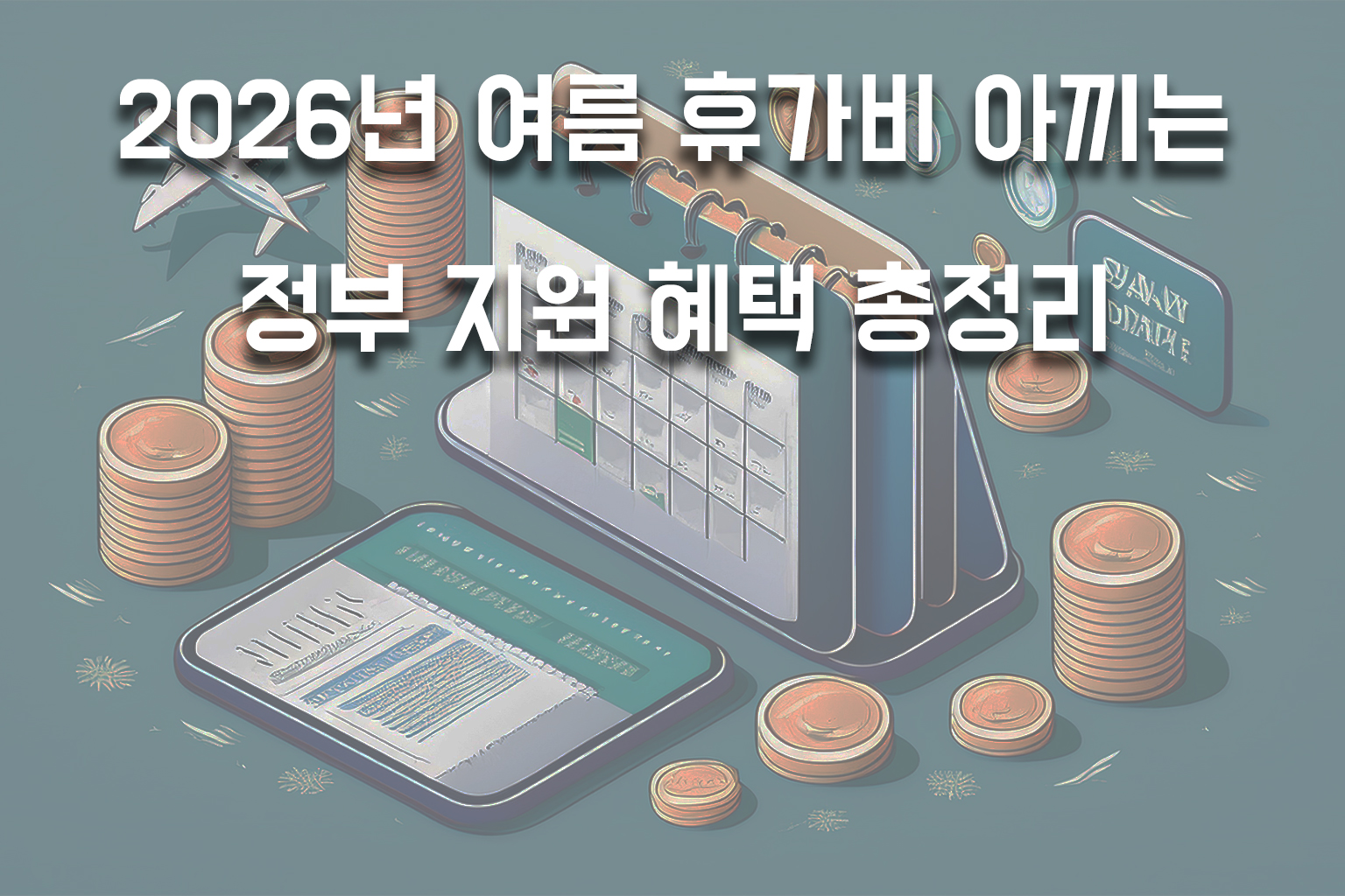 여름휴가 달력과 스마트폰 비행기 티켓, 그리고 정부 지원금을 상징하는 코인과 선물 상자가 어우러진 미니멀한 금융 테크 감성의 근로자 휴가지원사업 소개 일러스트