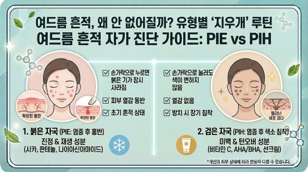 여드름 자국 유별 진단, PIE 붉은 자국 특징, PIH 검은 자국 원인, 여드름 흔적 지우는 법, 시카 판테놀 비타민C 선크림 효과