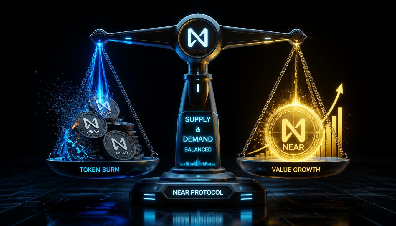 A futuristic digital scale showing NEAR Protocol coins being burned by blue lasers on one side and a glowing golden token gaining value on the other.